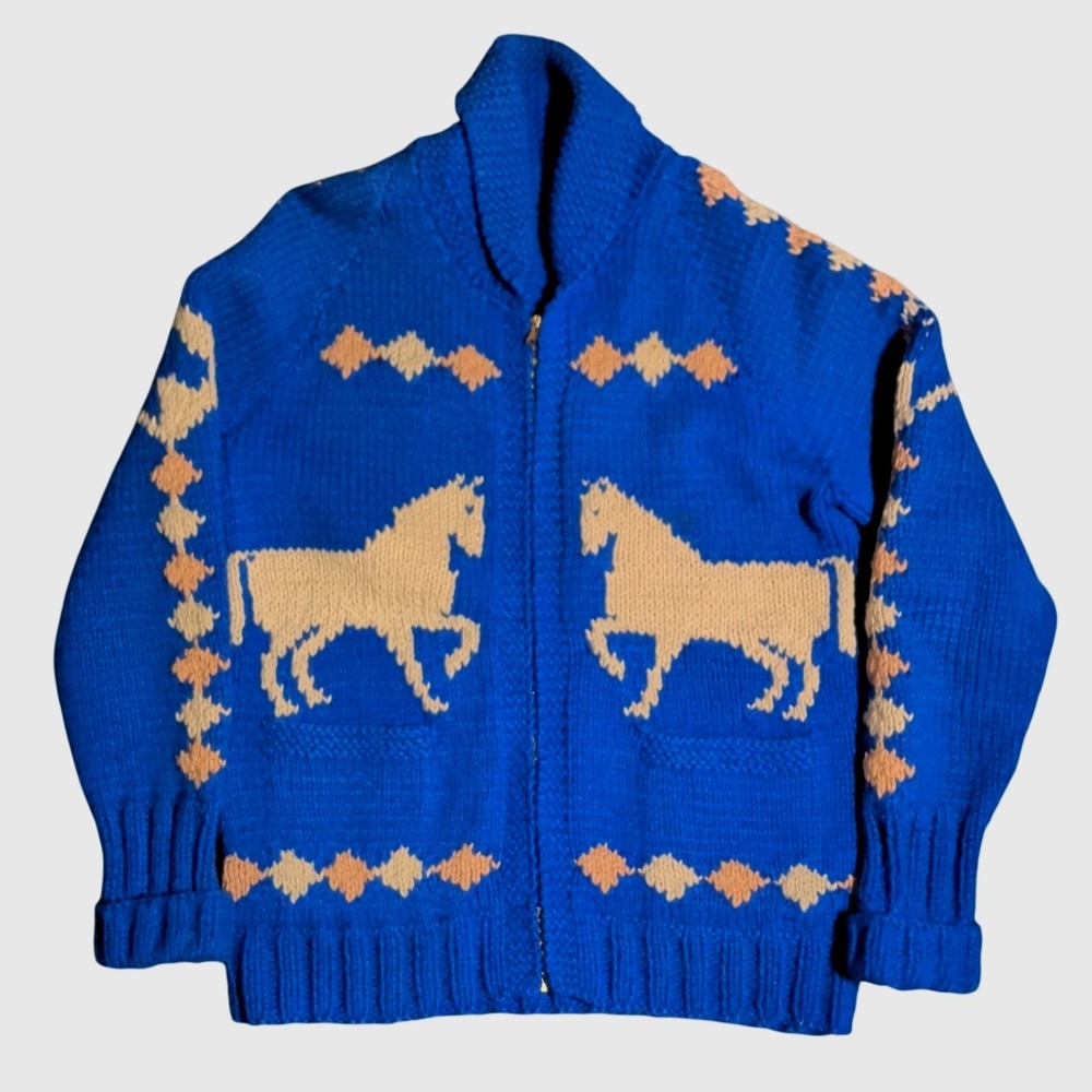 Vintage Cowichan Sweater Mens Size L Chunky Knit Horses 1960s Handmade Zip Up